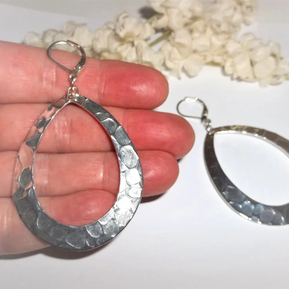 Silver Hoop Earring Animal Print Lever Back Jewelry Statement Teardrop Drop A326